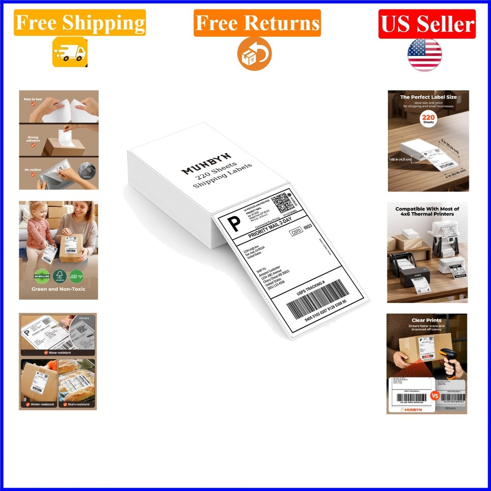 4×6 Thermal Shipping Labels, 220 Sheets, Permanent Adhesive, White