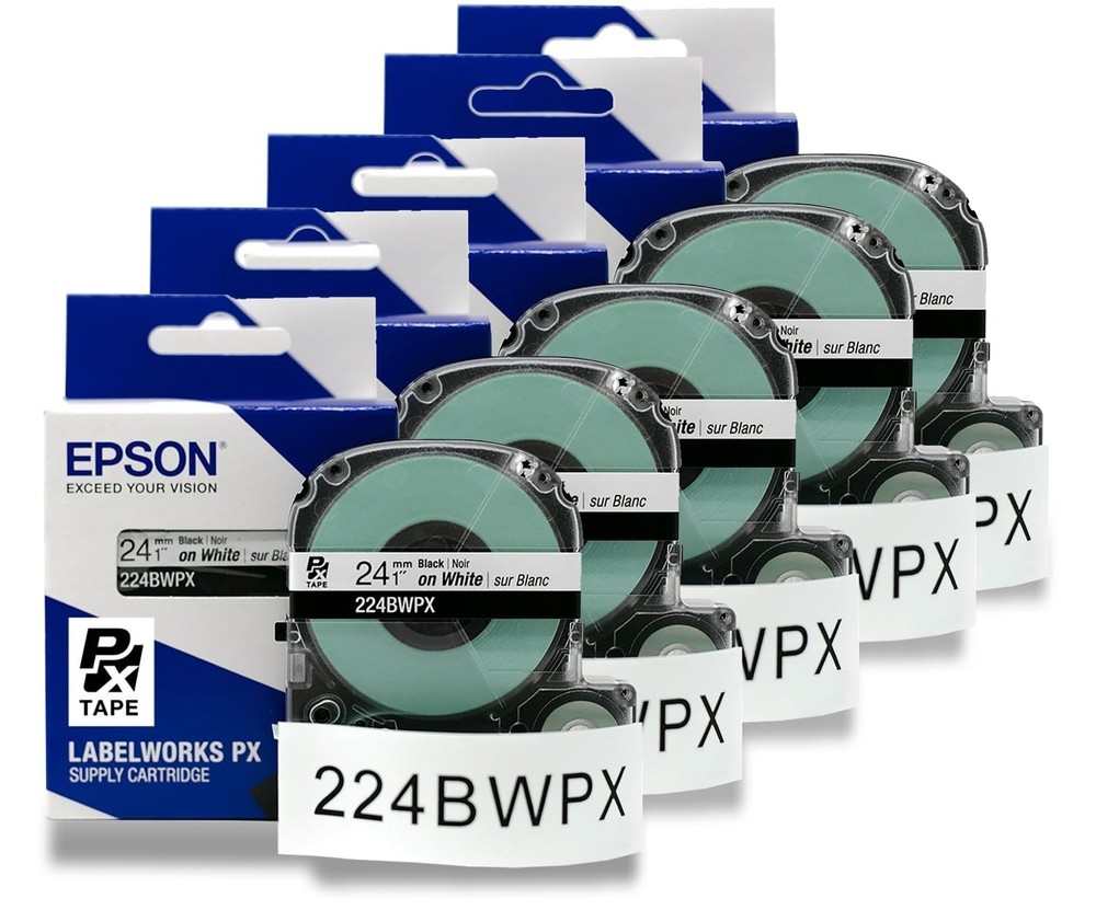 Epson 224BWPX-5PK Genuine PET (Polyester) Tape Cartridge – 5 Unit Pack of Bla…