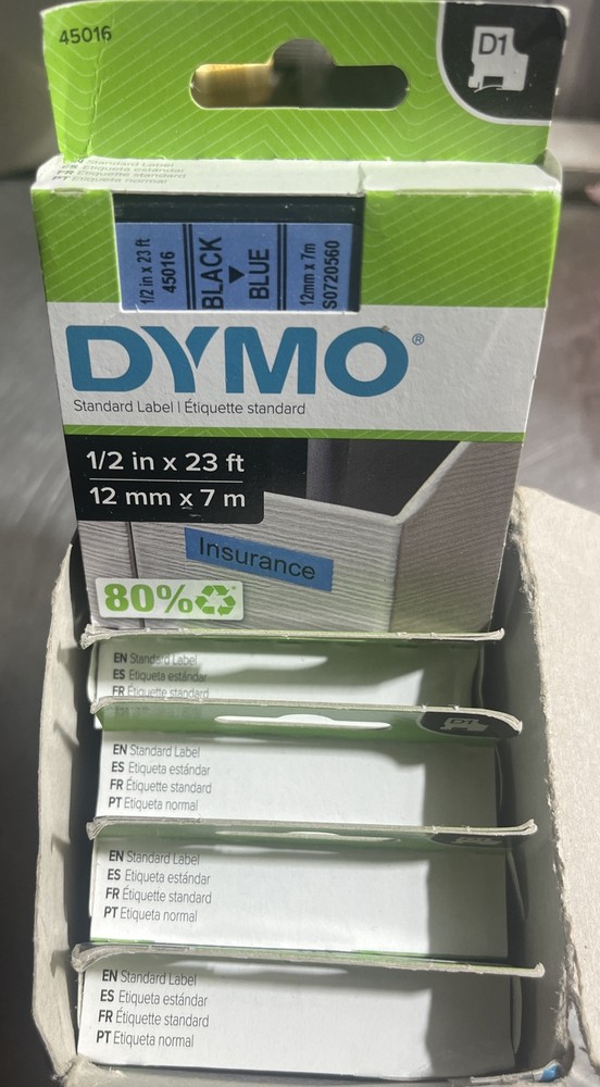 5 Pk) Dymo 45016 Continuous Label Roll D1 Cartridge: 1/2in x 23 ft, Blk on Blue