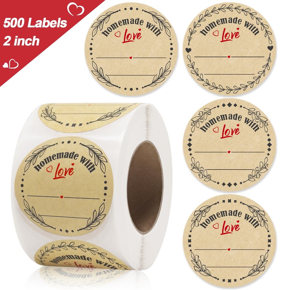 2″ Homemade with Love Stickers, 4 Different Wreath Designs, Kraft Jar Canning…