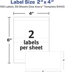 100 Printable All-Purpose Removable Labels 2×4 Inch White Write or Print
