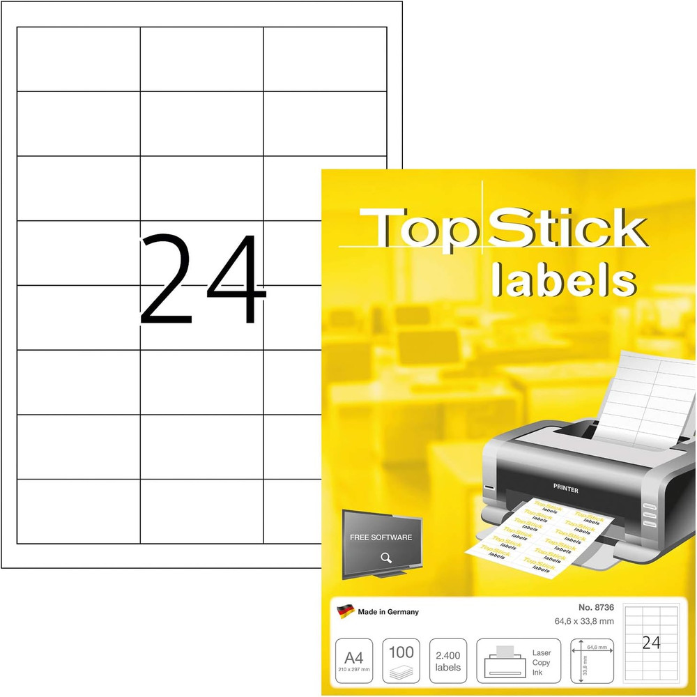 8736 Multi-Purpose Labels, 24 Labels per A4 Sheet, 64.6 X 33.8 Mm, 2400 Labels,