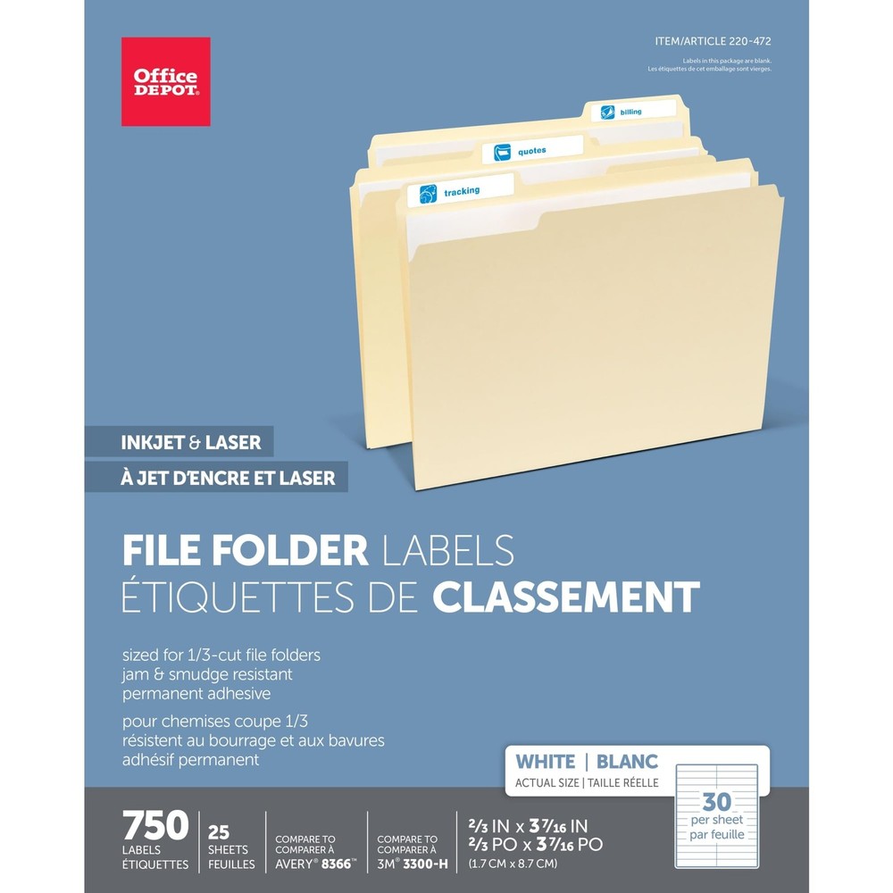 White Permanent Inkjet/Laser File Folder Labels, 2/3in. x 3 7/16in., White, P…