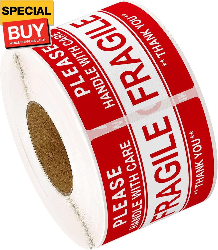 3” x 2” Fragile Stickers for Shipping and Moving, 500 Pcs (1 Roll) Handle with