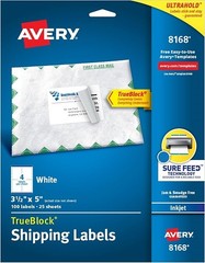 TrueBlock Shipping Labels Inkjet 3.5x5in labels White 4-up 25-sheets 100/PK 5EA