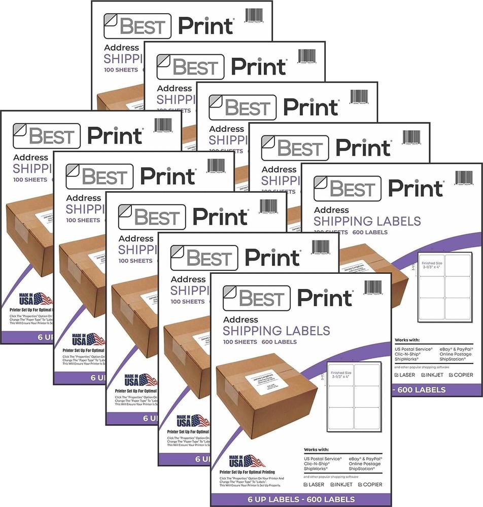 6 Up Labels, FBA Carton Labels, Blank White Adhesive, 4″ x 3-1/3″ – 6000 Labels!