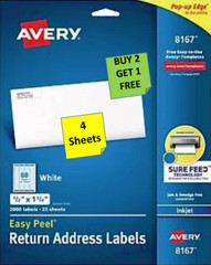 [4 Sheets] Avery 8167 Return Address Labels INKJET 1/2 x 1-3/4 BUY 2 GET 1 FREE