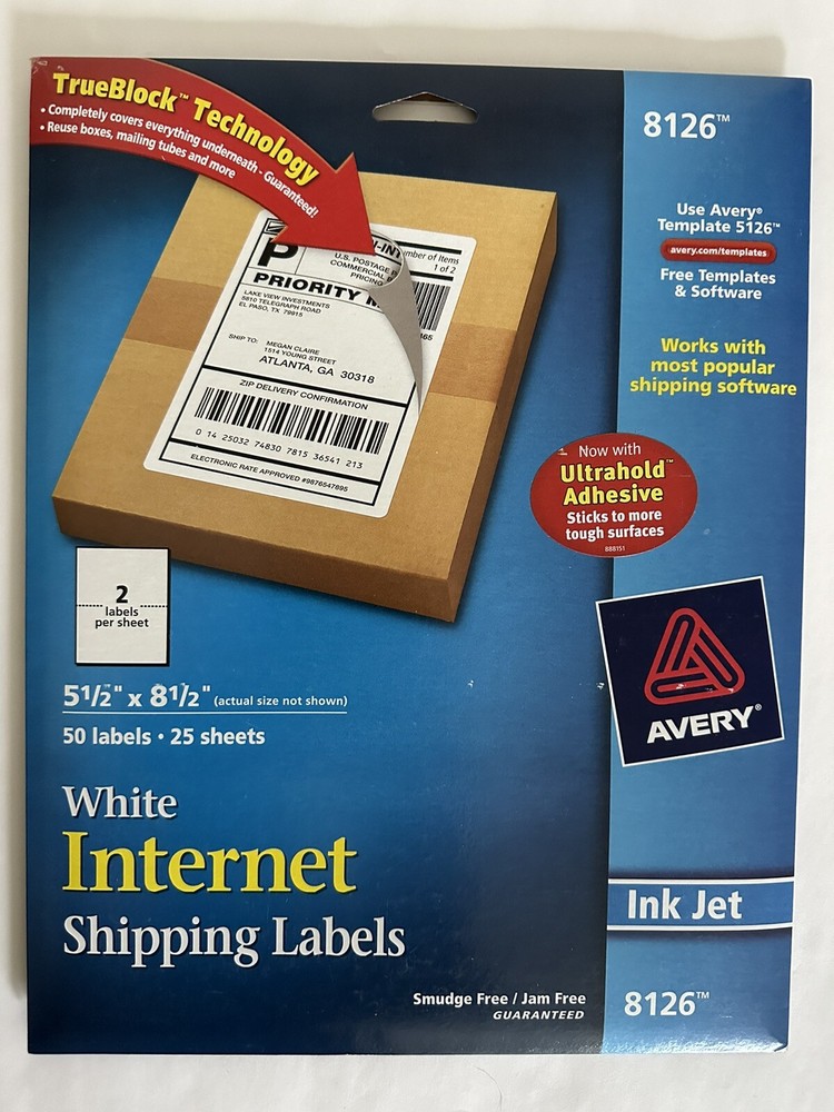 Avery 8126 Inkjet Printable Shipping Labels 5.5″x8.5″ White 50 Labels 25 Sheets