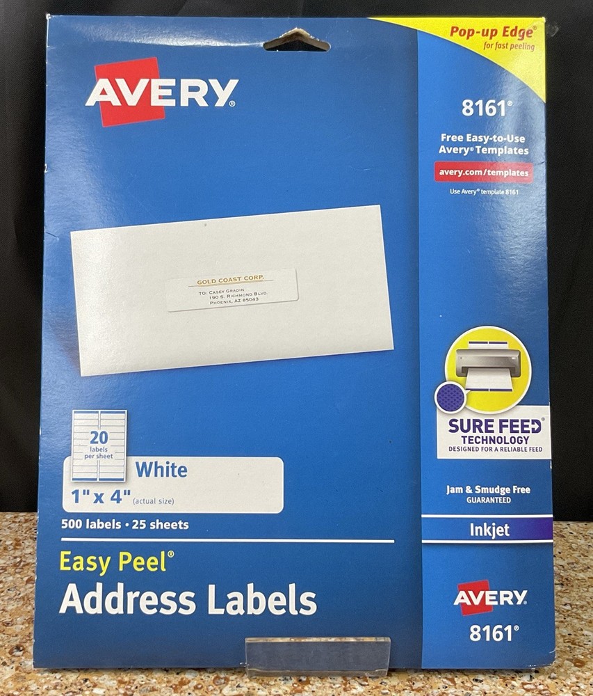Avery 8161 Easy Peel Address Labels Inkjet 1” x 4” Whi 500 Labels/25 Sheets*READ