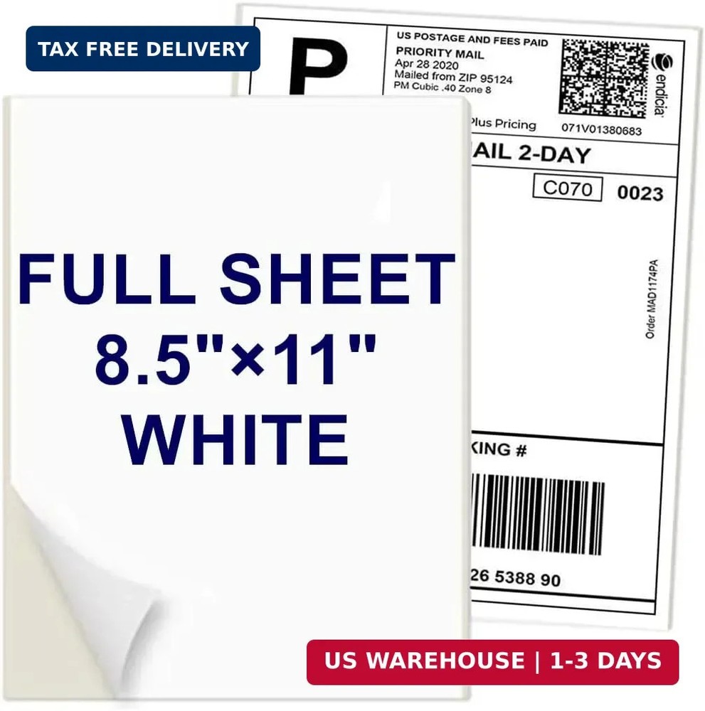 8.5″ x 11″ Shipping Labels Full Sheet Labels, Self Adhesive Printable White Stic