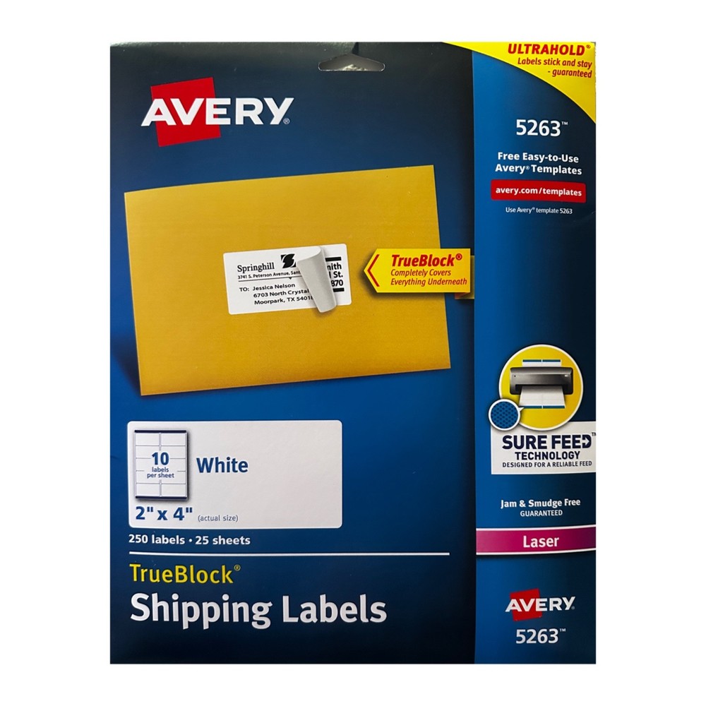 AVERY 5263 TrueBlock Shipping Labels 2″ x 4″ 250 labels 25 sheets White