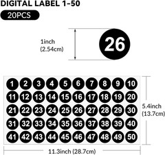 20 Sheets 1 to 50 Vinyl Small round Labels Consecutive Number Stickers Waterproo