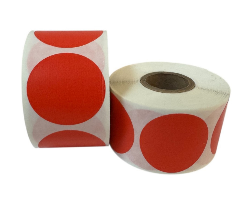 Zebra / Rollo 1.5″ Round Direct Thermal Red Labels 1″ Core Adhesive 4 RLS 500 EA